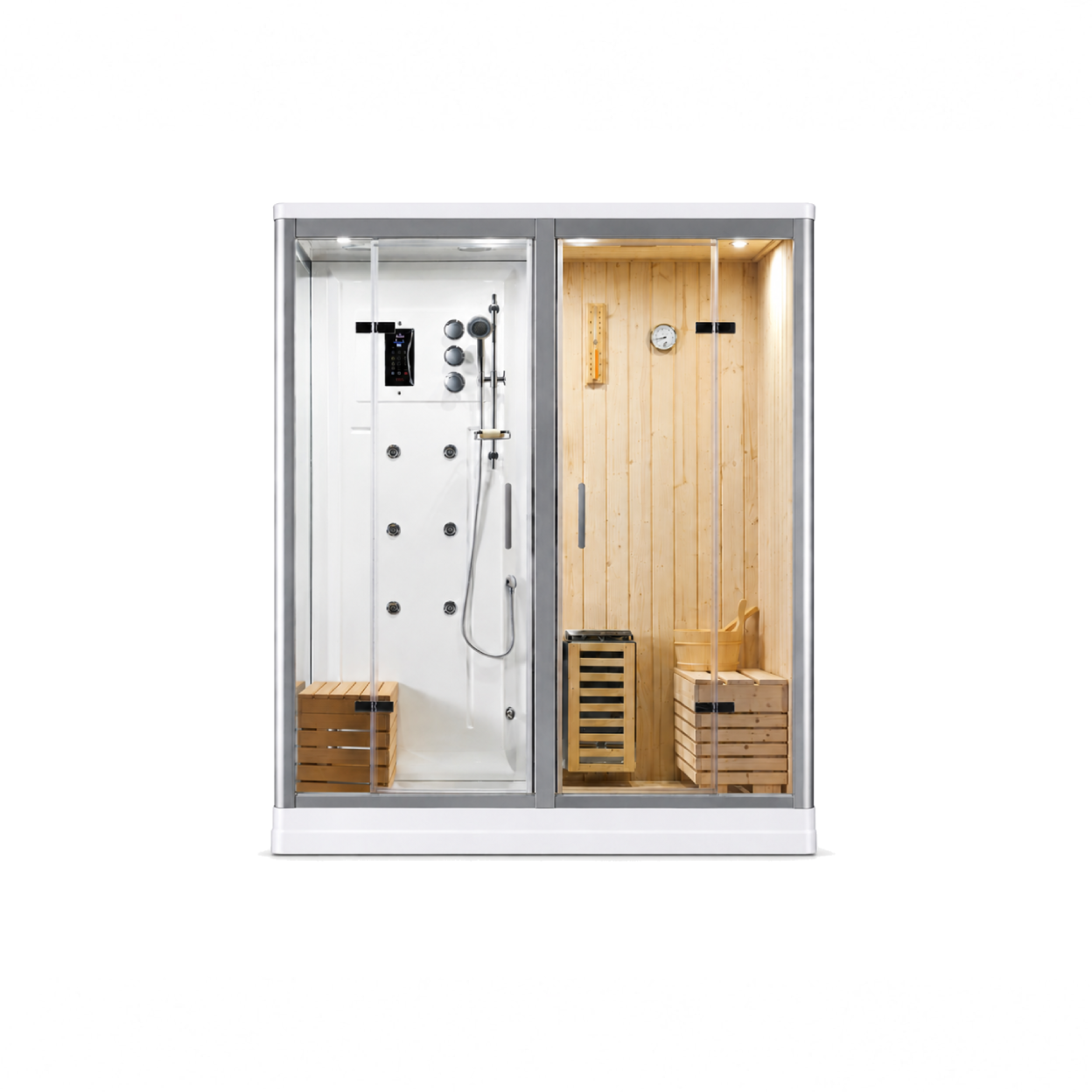 A modern steam shower and sauna combo unit with a white exterior frame and glass doors, featuring a white shower interior with chrome fixtures and a light wood-paneled sauna section with wooden benches.