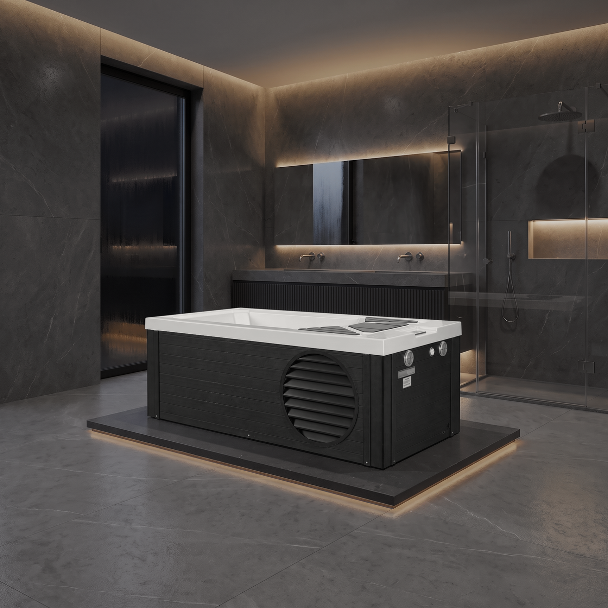 A modern freestanding hot tub cold plunge with a black exterior and white top deck, placed in a contemporary dark gray bathroom with a glass shower enclosure and built-in lighting.