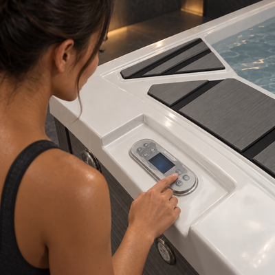 A woman in a black tank top uses a silver and blue digital control panel mounted on the side of a white spa or hot tub with dark gray deck accents.