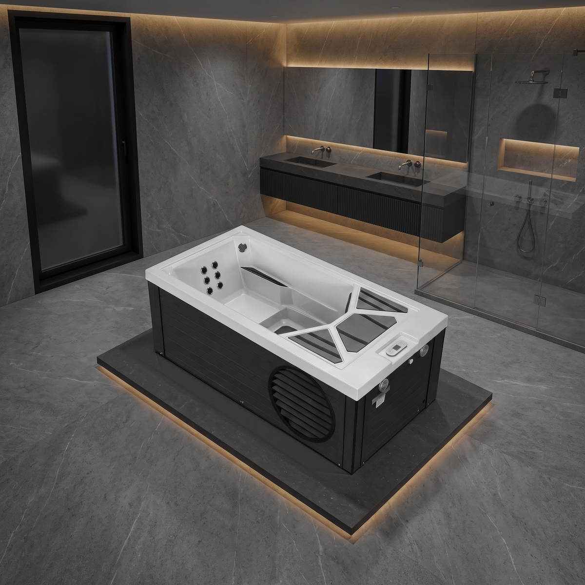 A modern freestanding hot tub cold plunge with a white interior and black exterior, placed on a raised platform in a contemporary bathroom with gray stone walls, a glass shower enclosure, and a double vanity in the background.