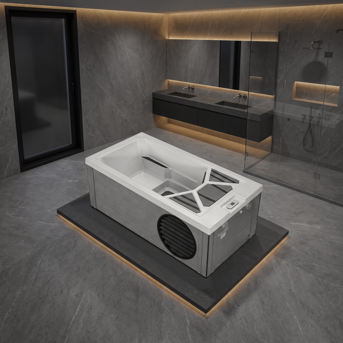 A modern white and gray freestanding hot tub cold plunge with integrated seating and deck grates, shown in a contemporary bathroom setting with gray stone walls, a glass shower enclosure, and a vanity in the background.