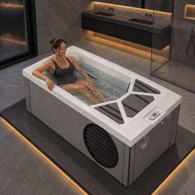 A woman relaxes in a white and gray heated outdoor bathtub filled with water, set on a dark platform in a modern bathroom with warm under-cabinet lighting.