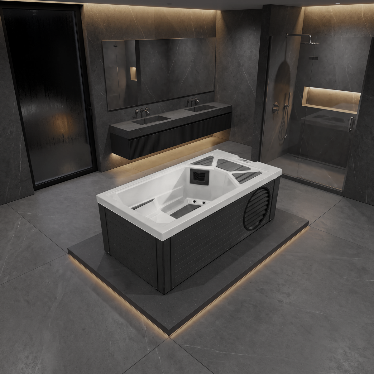 A modern freestanding hot tub cold plunge with a white interior and dark exterior, shown in a luxurious contemporary bathroom setting with gray stone tiles, a double vanity, and a walk-in shower.
