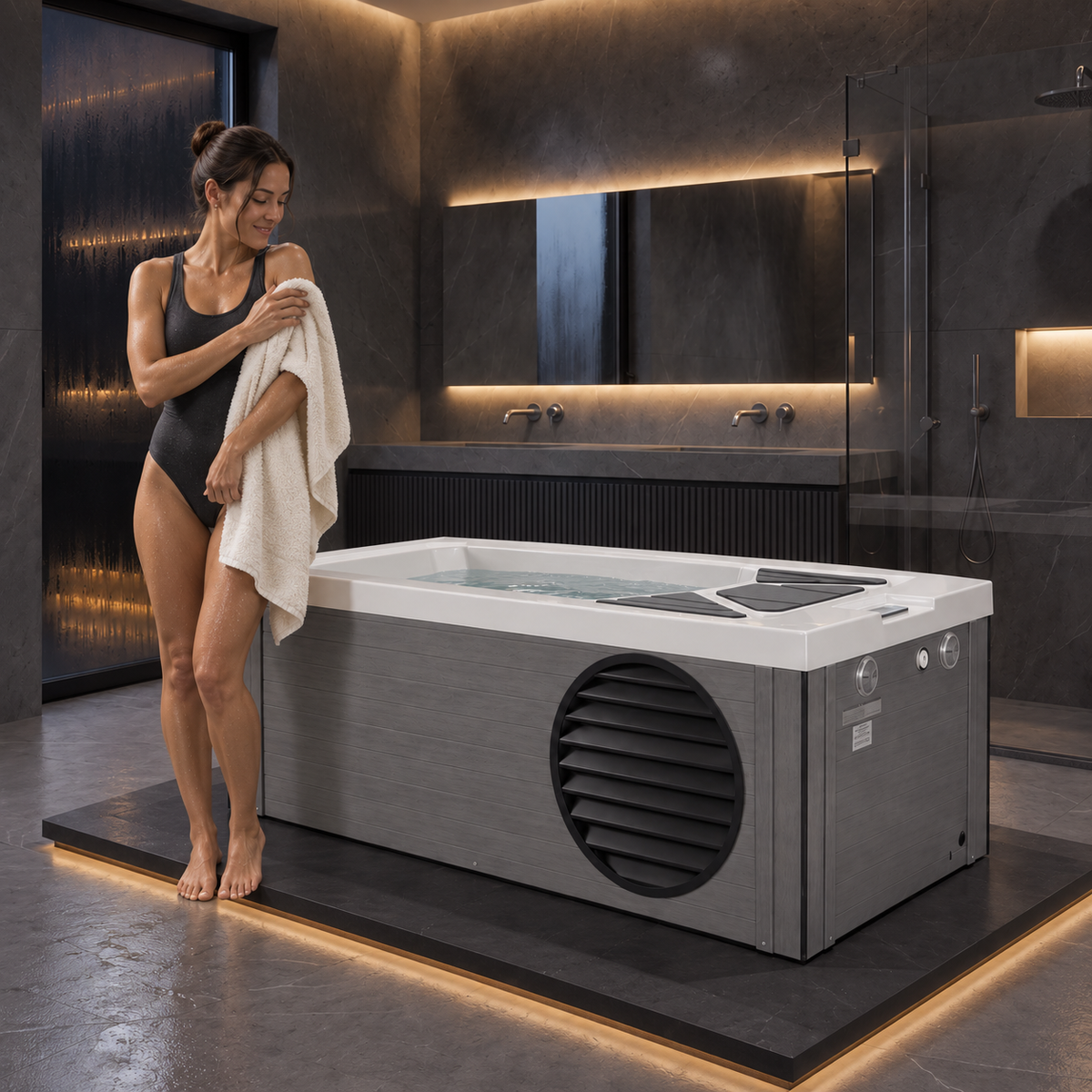 A woman in a dark swimsuit stands beside a large rectangular hot tub in a modern dark-toned bathroom, wrapping a white towel around her body. The hot tub has a gray exterior and white top, with built-in controls and a vented circular panel on the side.