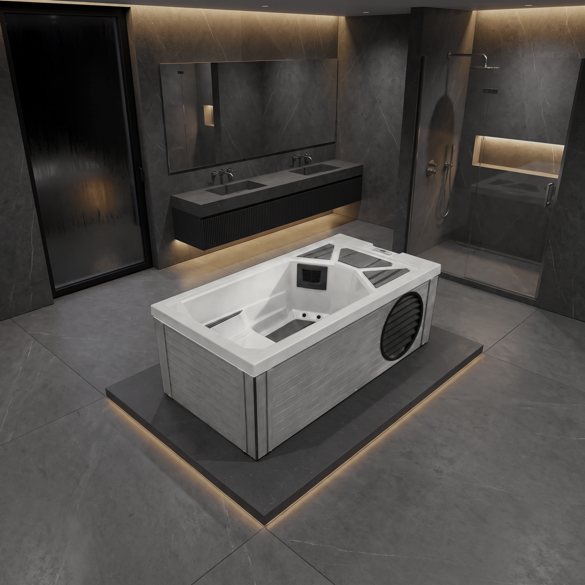 A modern freestanding hot tub cold plunge with a white interior and light wood exterior, shown in a dark gray bathroom setting with a matching floating double vanity and walk-in shower.