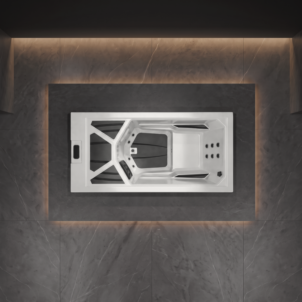 Top-down view of a modern white rectangular hot tub cold plunge with dark gray interior seating and jets, set on a dark gray marble-look tiled floor with warm underlight.
