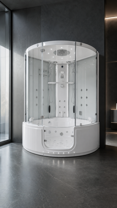 A modern white corner spa bathtub with a curved glass enclosure, featuring multiple shower jets and built-in lighting, set in a contemporary dark gray bathroom.