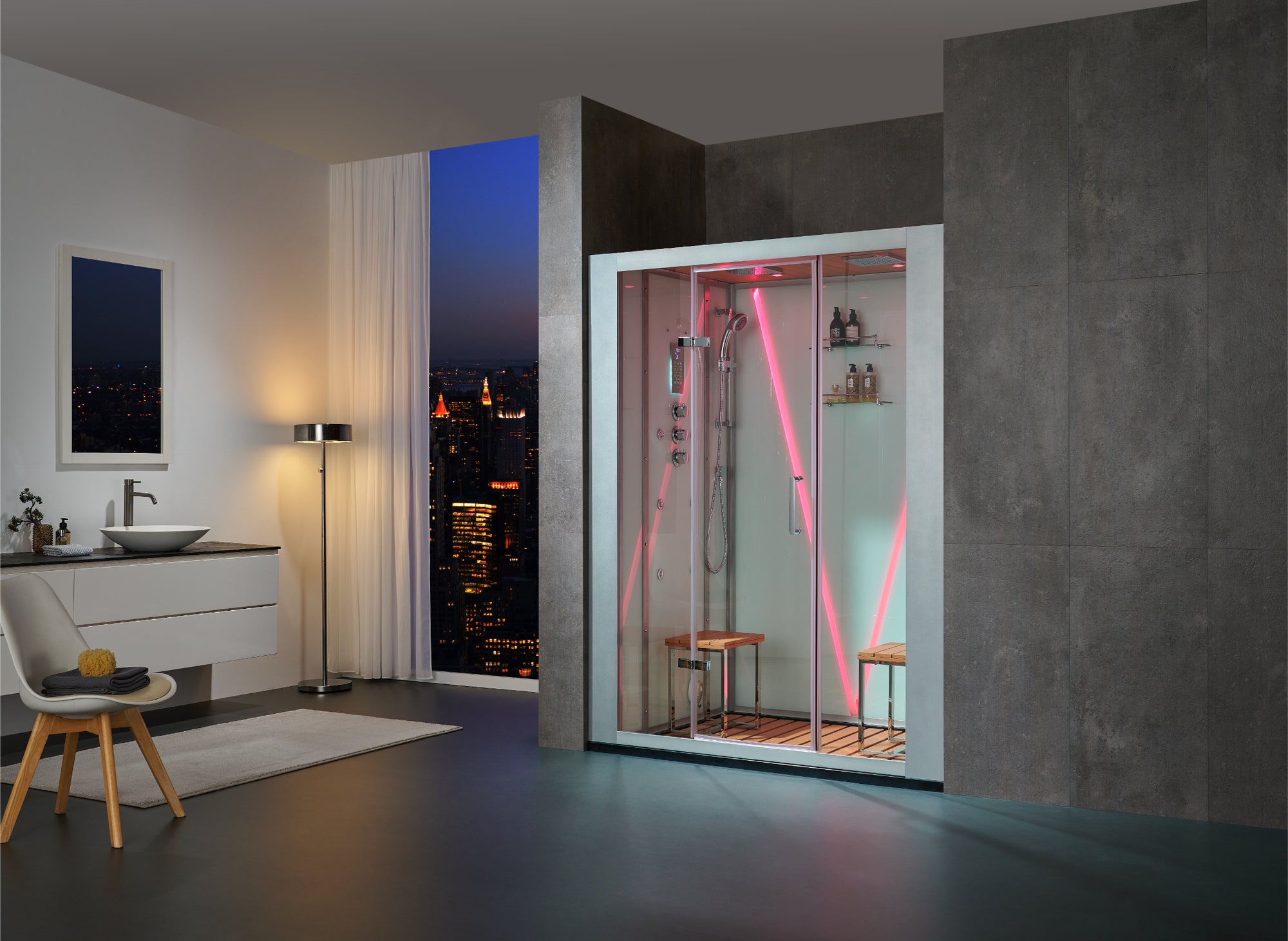 A modern glass shower cabin with pink LED lighting, set inside a contemporary bathroom with a city view at night.