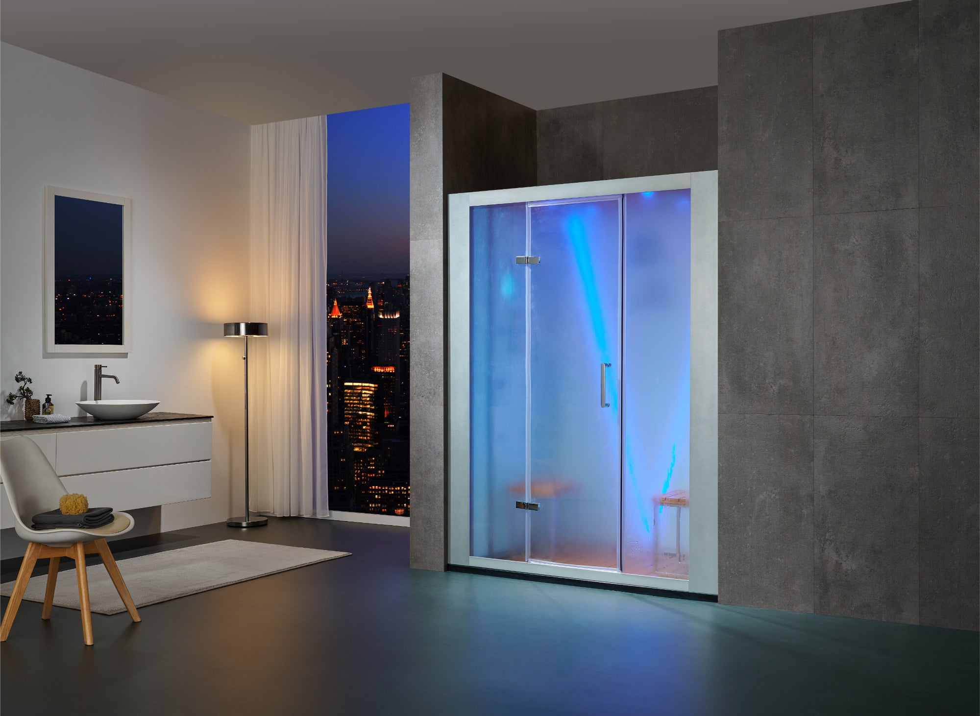 A modern walk-in shower enclosure with frosted glass doors and blue LED lighting, shown installed in a contemporary bathroom with a city skyline view at night.