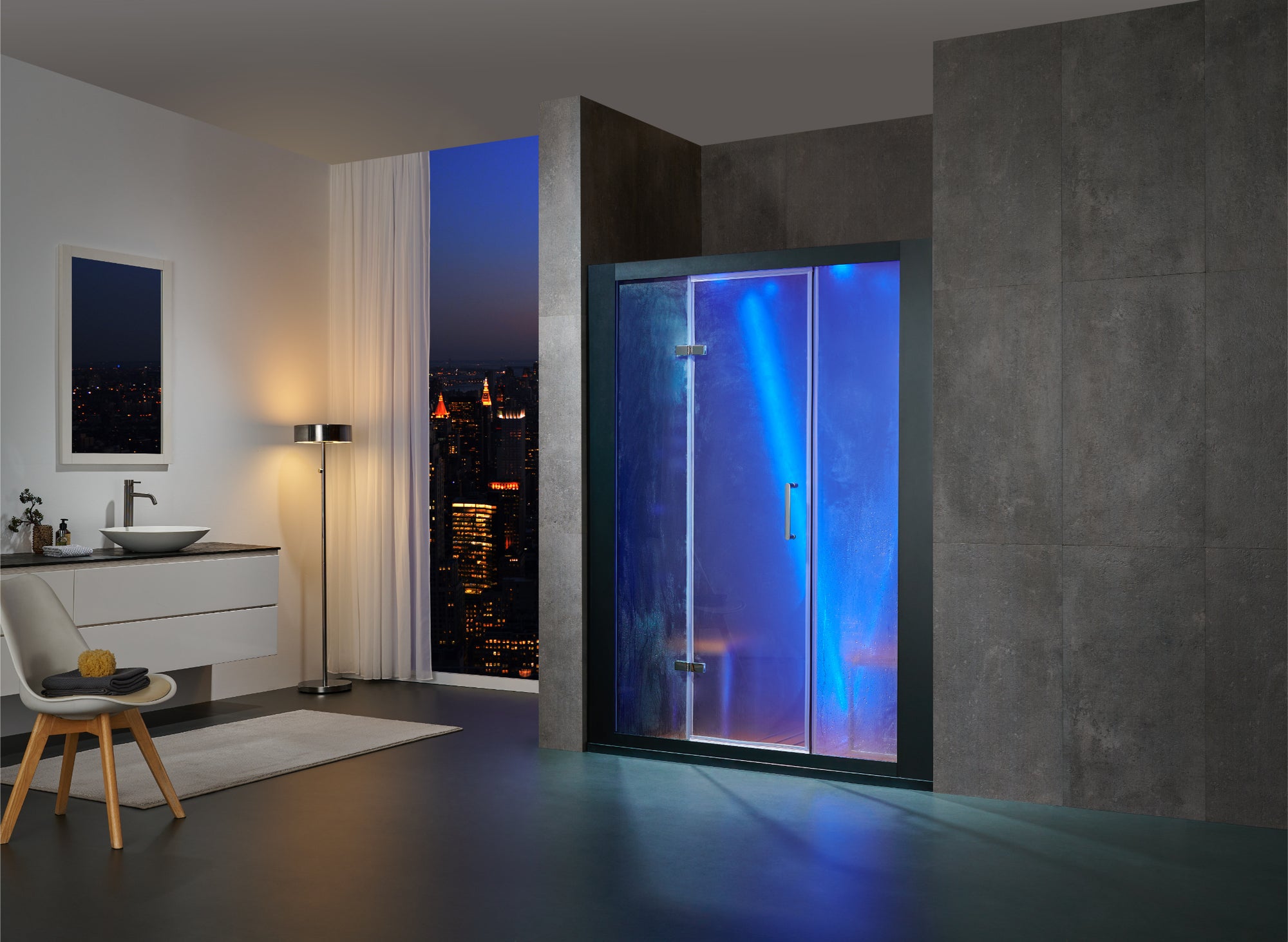 A modern glass shower enclosure with blue LED lighting, set in a contemporary bathroom with a city skyline view at night.