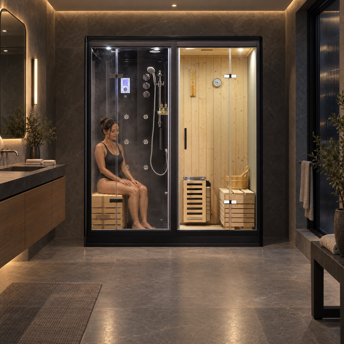 A modern glass steam room or sauna enclosure installed in a luxury bathroom. A woman in a dark swimsuit sits on a wooden bench inside the glass-walled sauna, which features wood-paneled walls, wooden crates, and a shower system.
