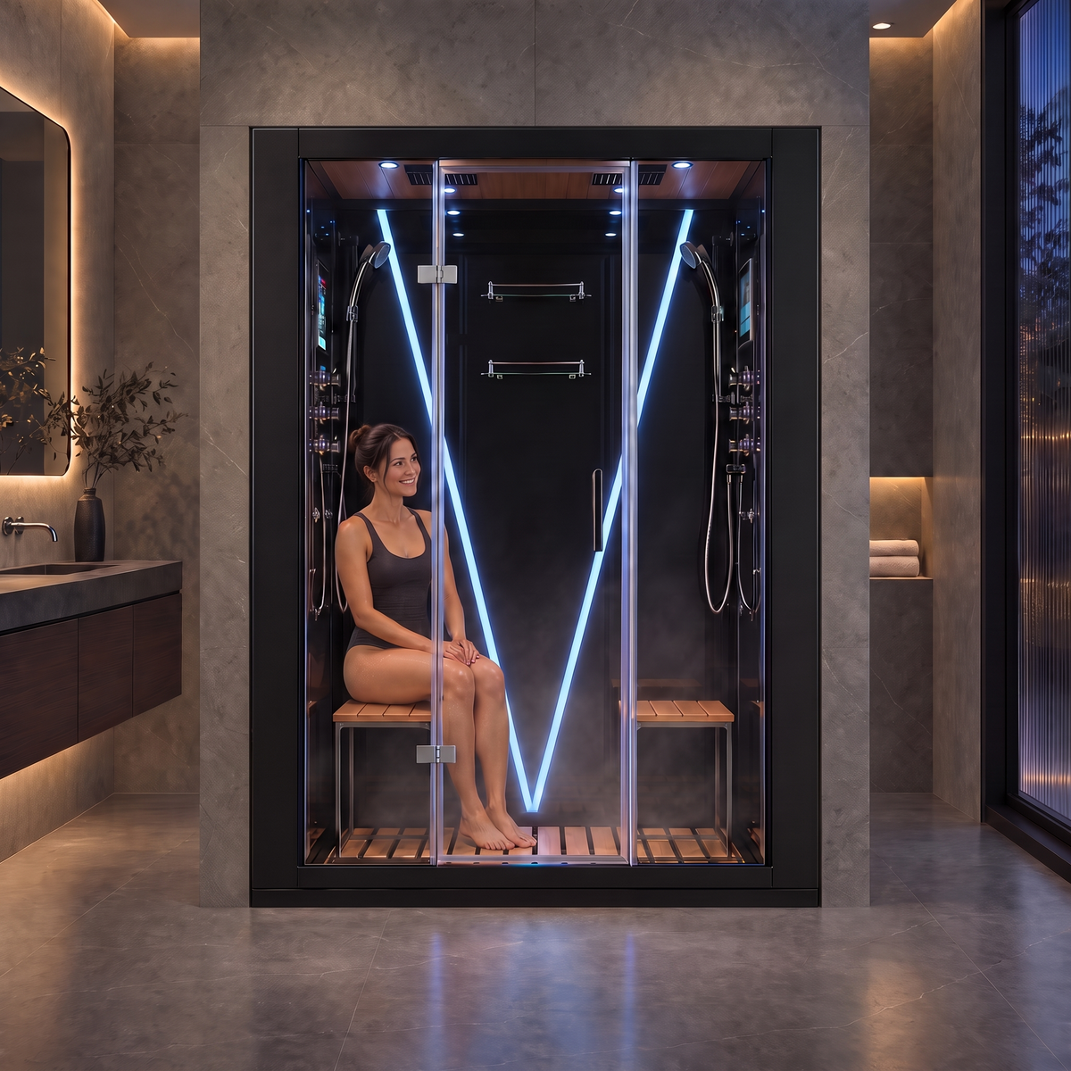 A woman sits inside a large black-framed steam shower cabin with glass doors and bright blue LED lighting, set in a modern bathroom with gray stone walls and floor.
