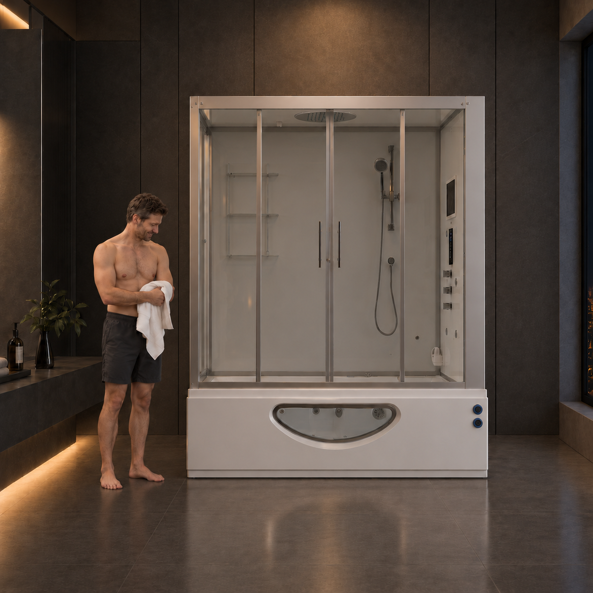 A man in black shorts stands holding a white towel beside a large white walk-in steam shower cabin with glass doors in a modern dark bathroom.