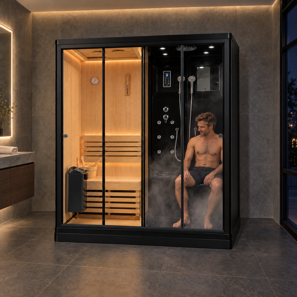 A man sits inside a large black-framed indoor sauna and shower cabin with wood benches, steam, and warm ambient lighting in a modern bathroom setting.