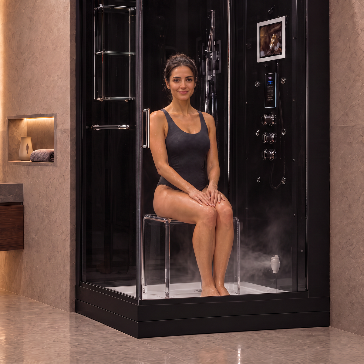 A woman in a dark gray swimsuit sits on a clear acrylic stool inside a black glass steam shower cabin with chrome controls and shelves, set in a modern bathroom with beige stone walls.