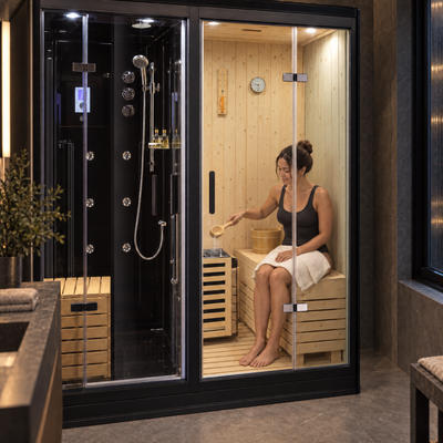 A woman sits inside a glass-walled sauna with light wood walls and benches, using a wooden ladle on a steam pot. The sauna is framed in black metal and set in a modern bathroom or spa interior.