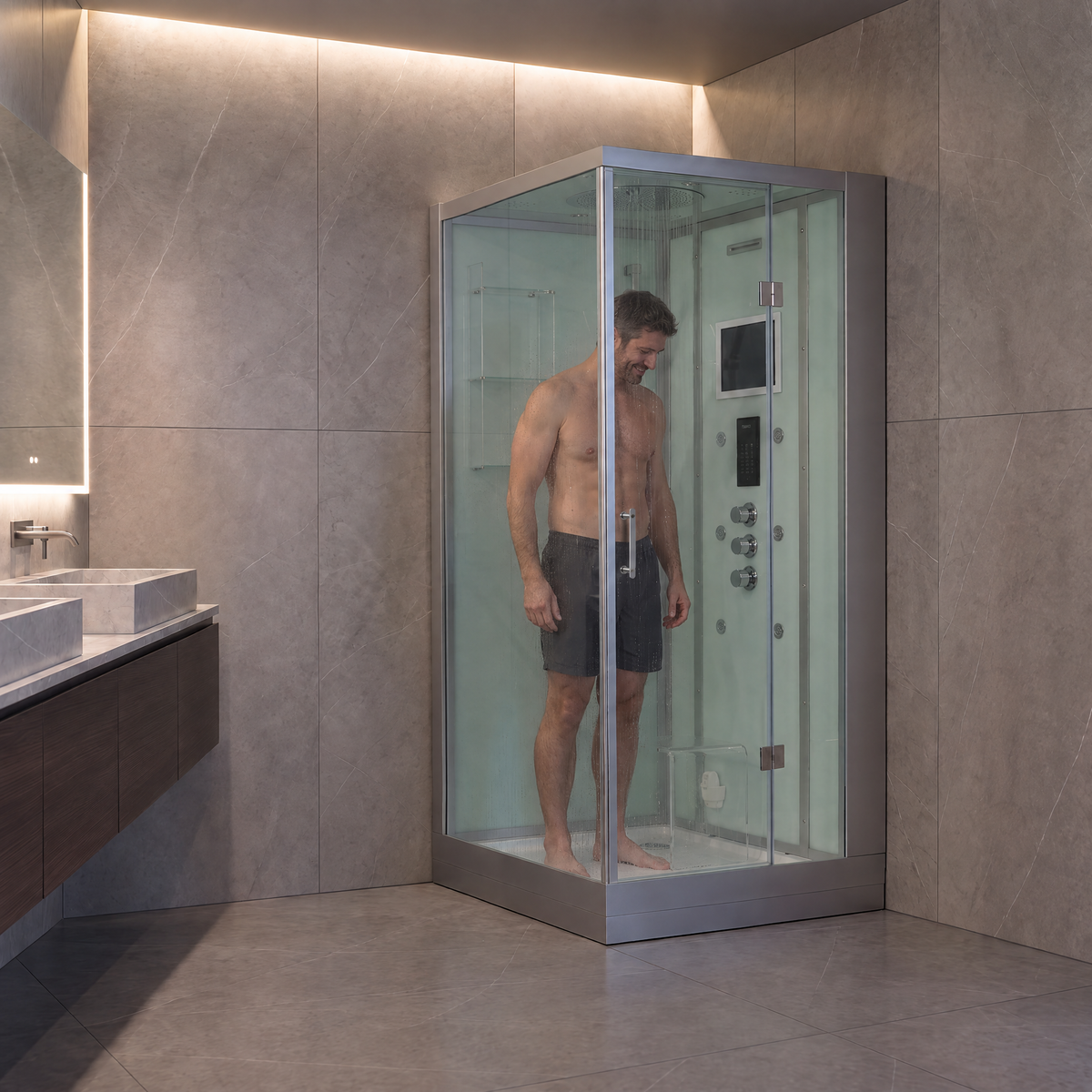 A man stands inside a modern glass corner shower enclosure with a silver metal frame in a tiled bathroom.