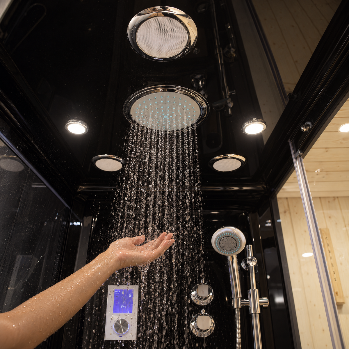 A high-end indoor shower cabin with a large rain shower head spraying water, a handheld shower, a digital control panel, and a person's hand reaching under the water. The interior features a glossy black ceiling and walls with wood paneling visible in the background.