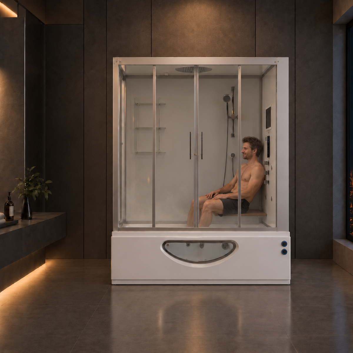 A man sits inside a large glass-walled indoor hot spring or sauna tub with a white base, set in a modern dark-toned bathroom or spa interior.