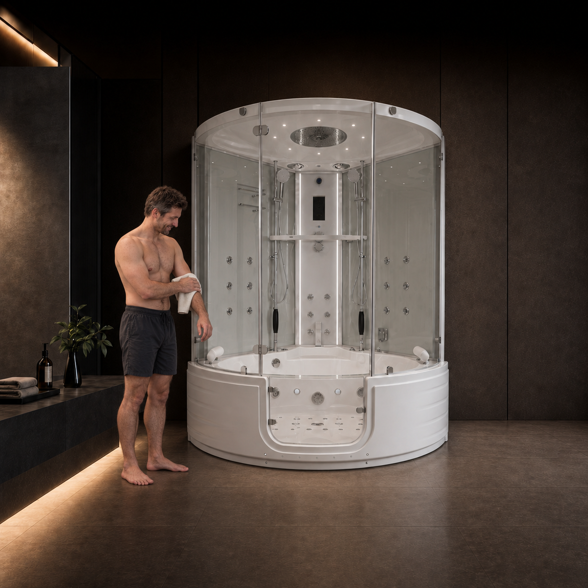A man in dark shorts stands beside a large round white spa shower cabin with clear glass walls in a modern dark bathroom setting.