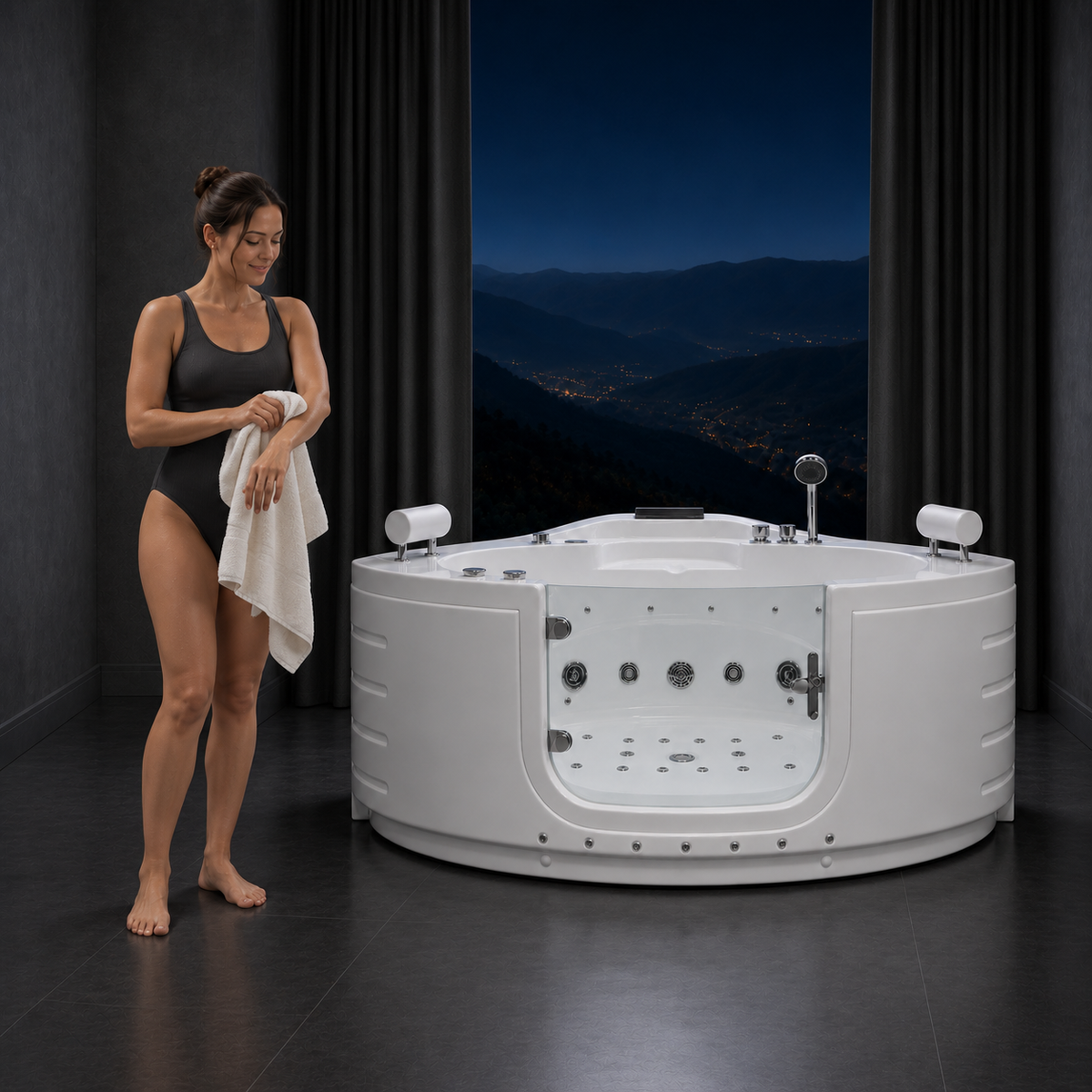 A woman in a black swimsuit stands beside a large white round hot tub with multiple jets and a handheld shower, set in a dark room with a nighttime mountain view in the background.