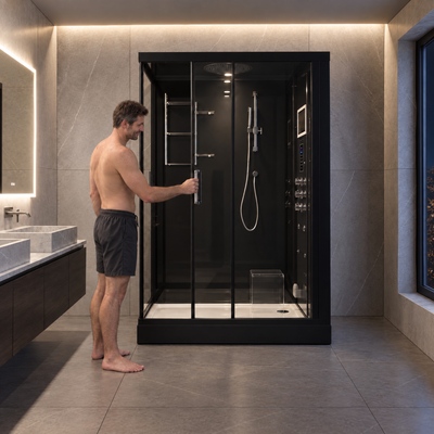 A man in dark gray shorts stands in a modern bathroom next to a large black glass walk-in steam shower enclosure, holding the door handle.