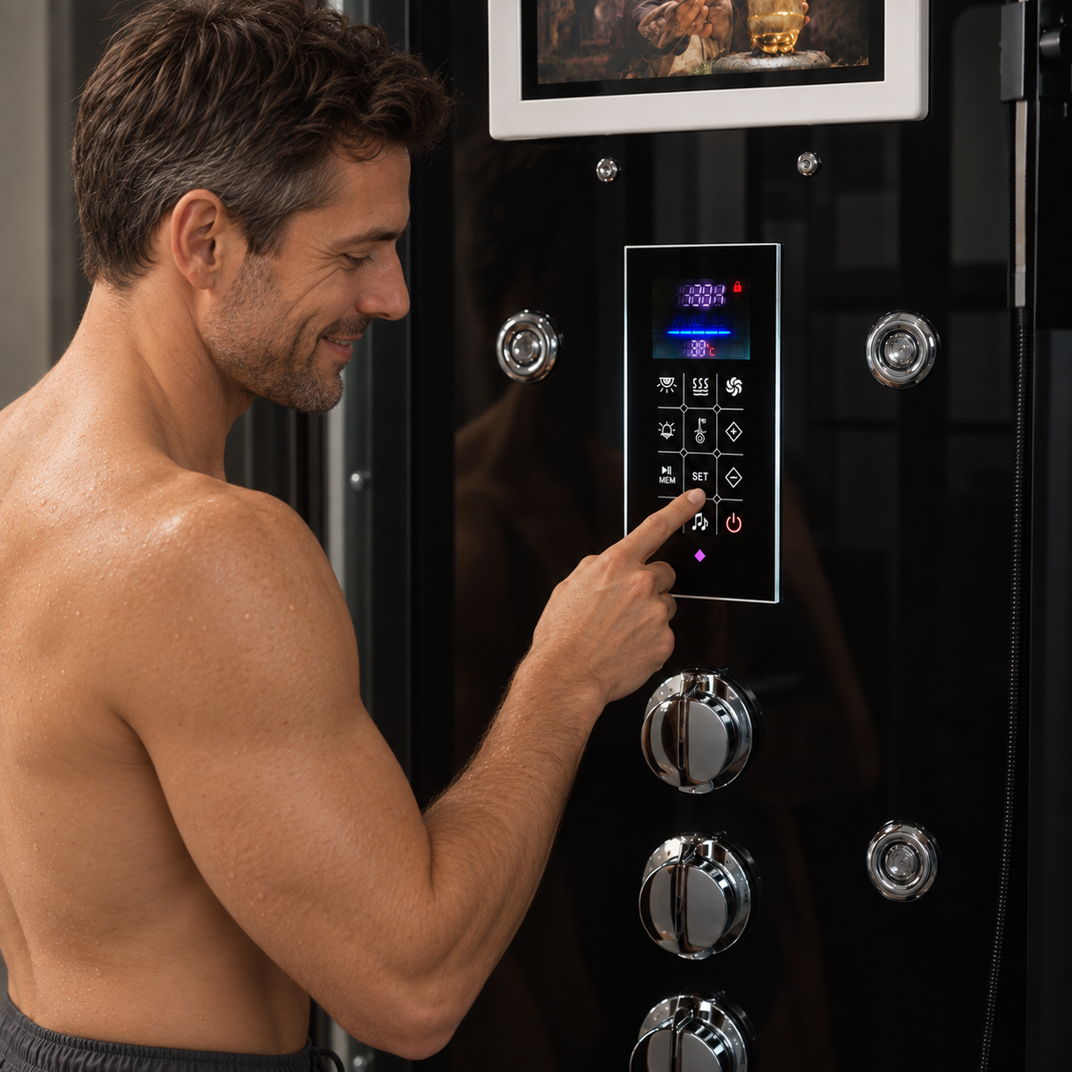 A shirtless man with short brown hair is shown from the side, touching the touch panel of a black modern steam shower. The shower features multiple chrome jets and a digital display screen.