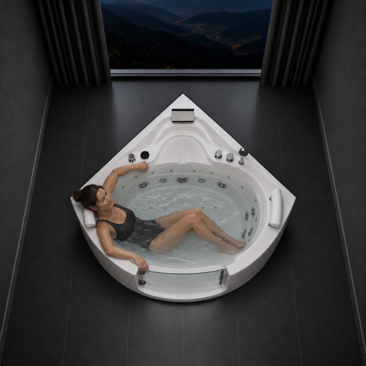 A woman relaxes in a white corner spa bathtub with multiple jets, photographed from above in a dark modern bathroom with a window showing a mountain view.