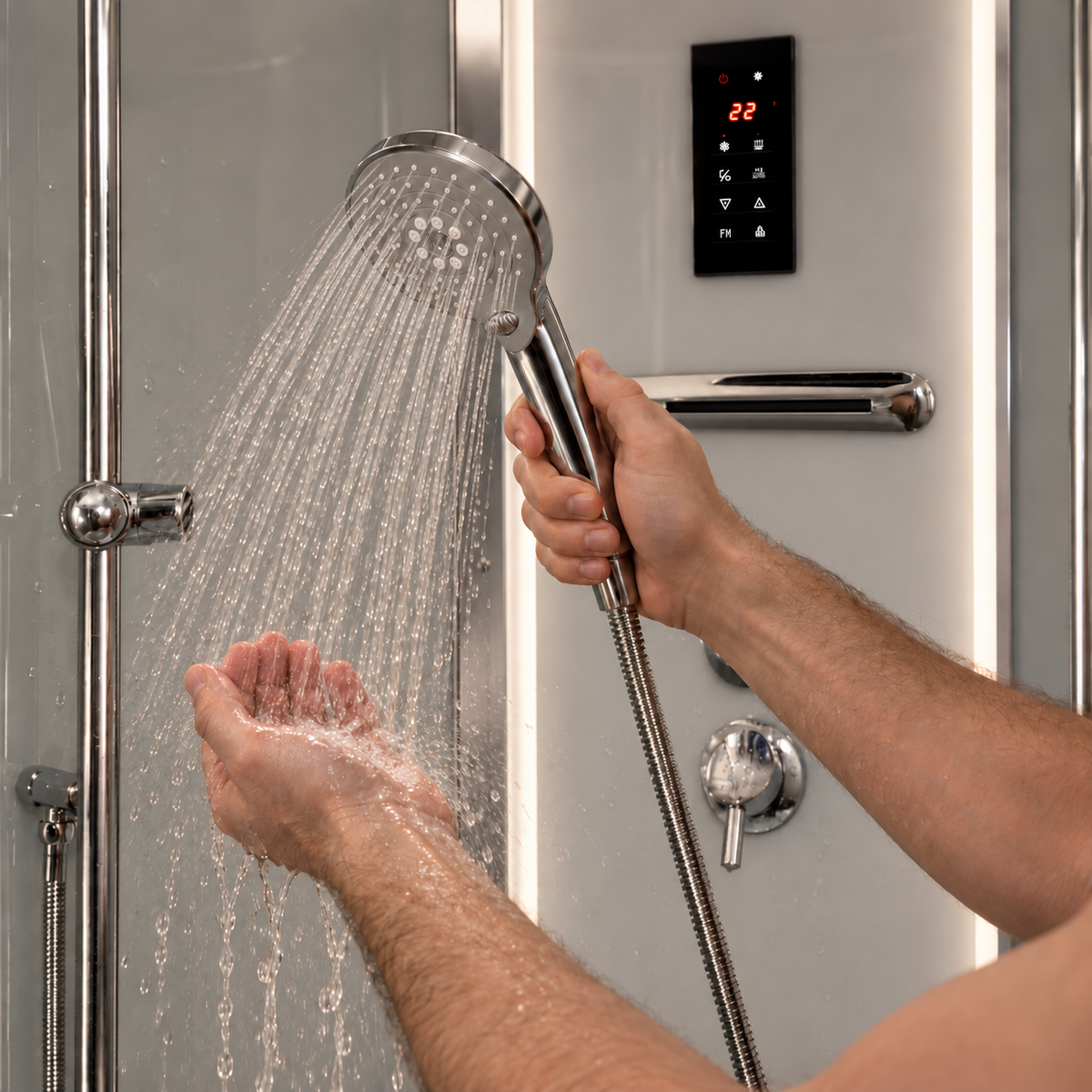 A person holding a chrome handheld shower head in a shower setting, with water spraying into the air and their other hand catching some water. The shower wall features a digital control panel and chrome fixtures.