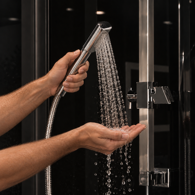 A person's hands holding a chrome handheld shower head with water spraying down, shown in a modern black and stainless steel shower enclosure.