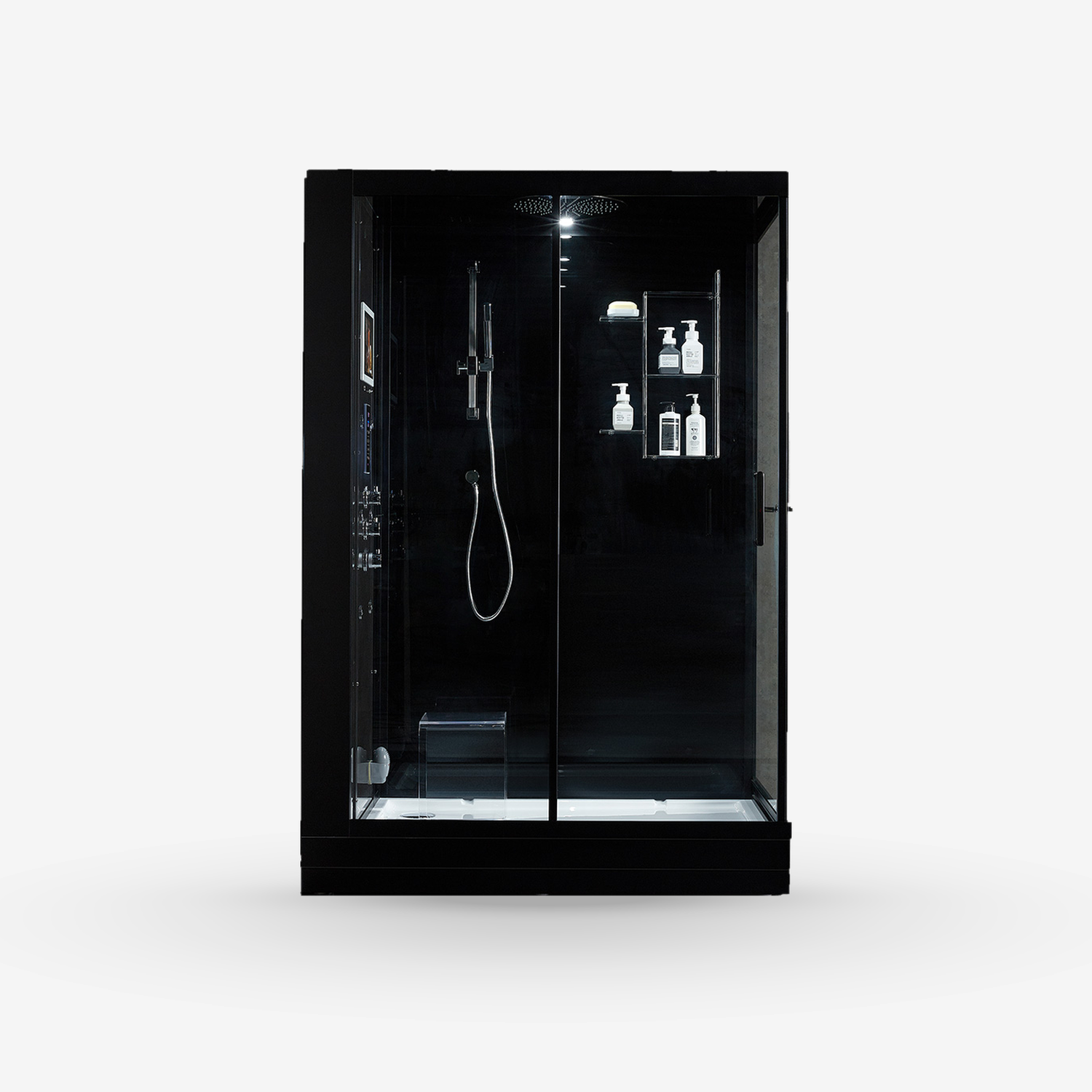 A modern black freestanding shower cabin with glass doors, interior LED lighting, a mounted shower head, handheld shower, shelving with toiletry bottles, and a control panel on the left side, shown on a light gray background.