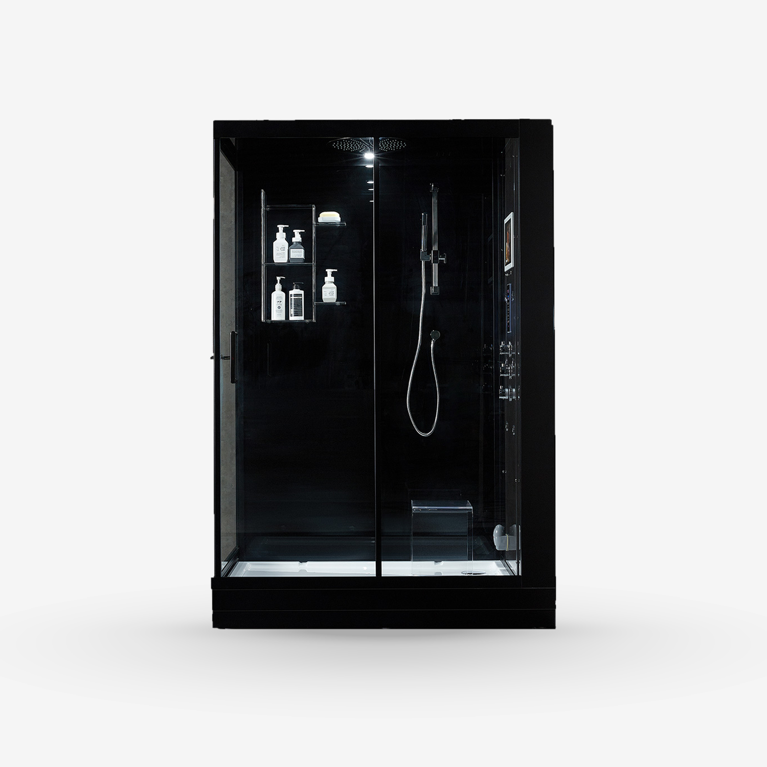 A modern black freestanding steam shower cabin with glass doors, interior LED lighting, built-in shelves, a handheld shower attachment, and control panel on the right side, shown on a light gray background.