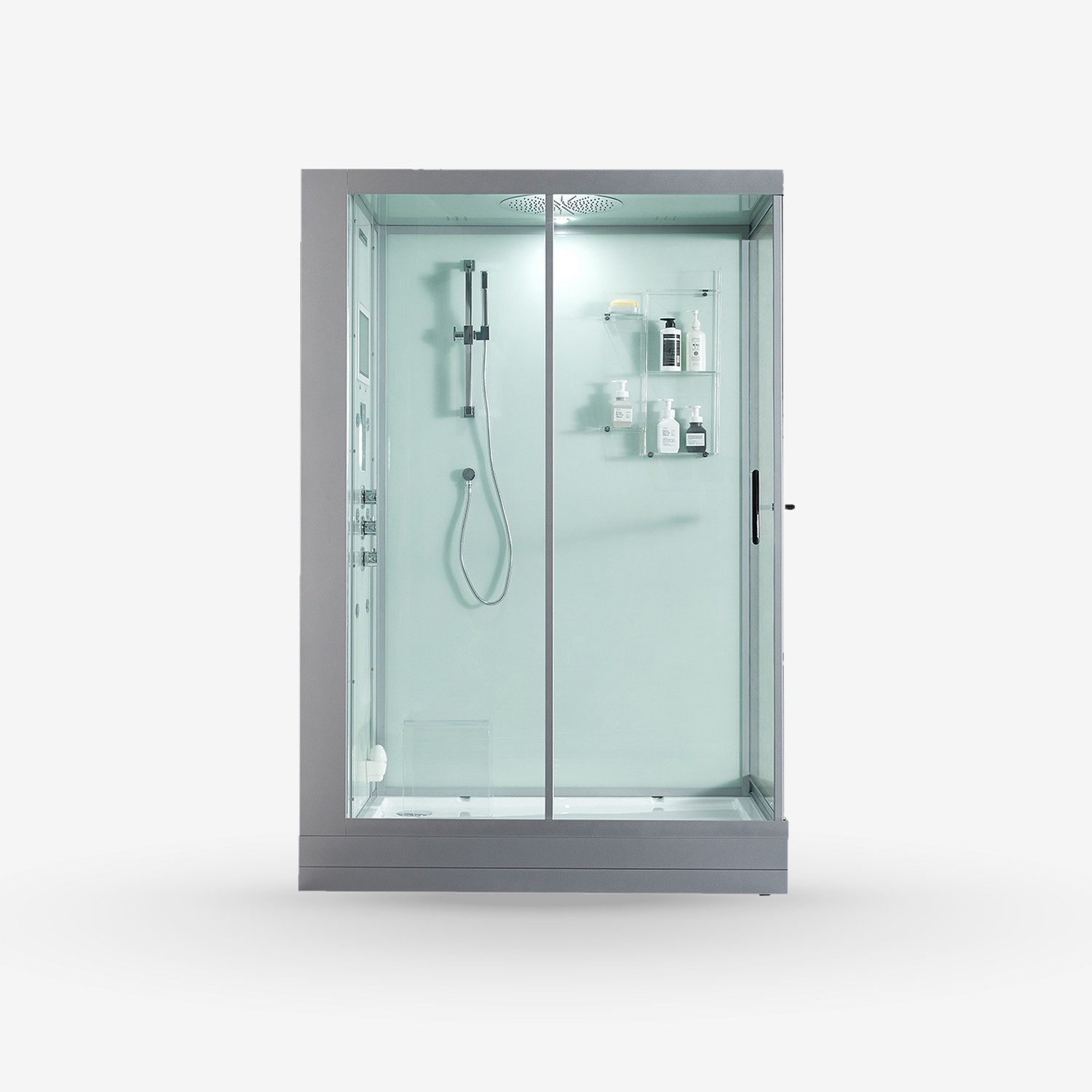 A modern walk-in shower enclosure with a gray metal frame and glass doors, featuring a built-in shower head, handheld shower, and small wall-mounted shelves with toiletries, shown on a light gray background.