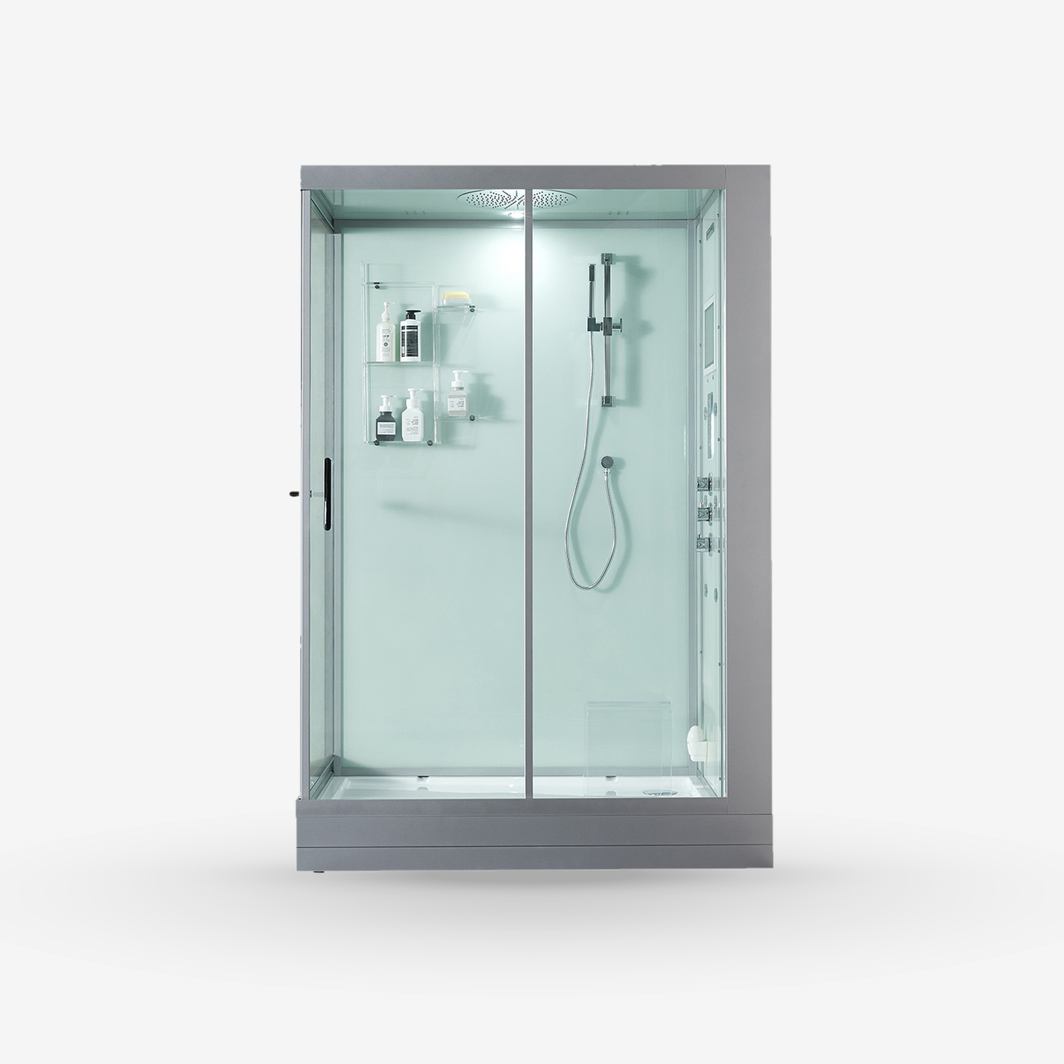 A modern walk-in shower enclosure with a gray metal frame and clear glass doors, featuring an integrated shower head, handheld shower hose, and built-in shelving on a light gray background.
