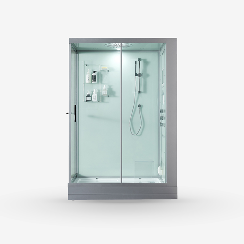A modern walk-in shower enclosure with a gray metal frame and clear glass doors, featuring an integrated shower head, handheld shower hose, and built-in shelving on a light gray background.