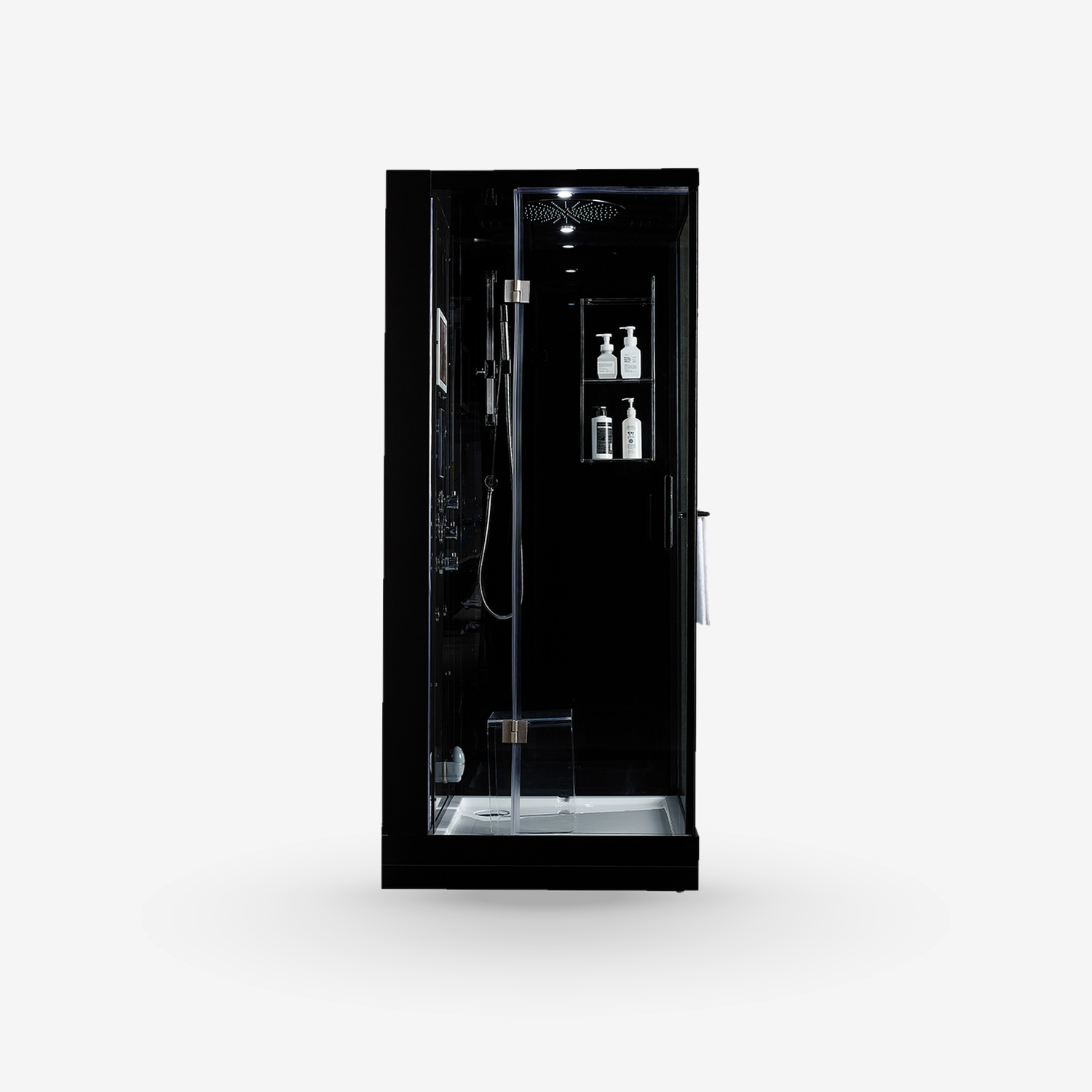 A black freestanding walk-in shower cabin with a glass door, interior shower fixtures, handheld shower, wall-mounted controls, and small bottle holders, shown on a light gray studio background.