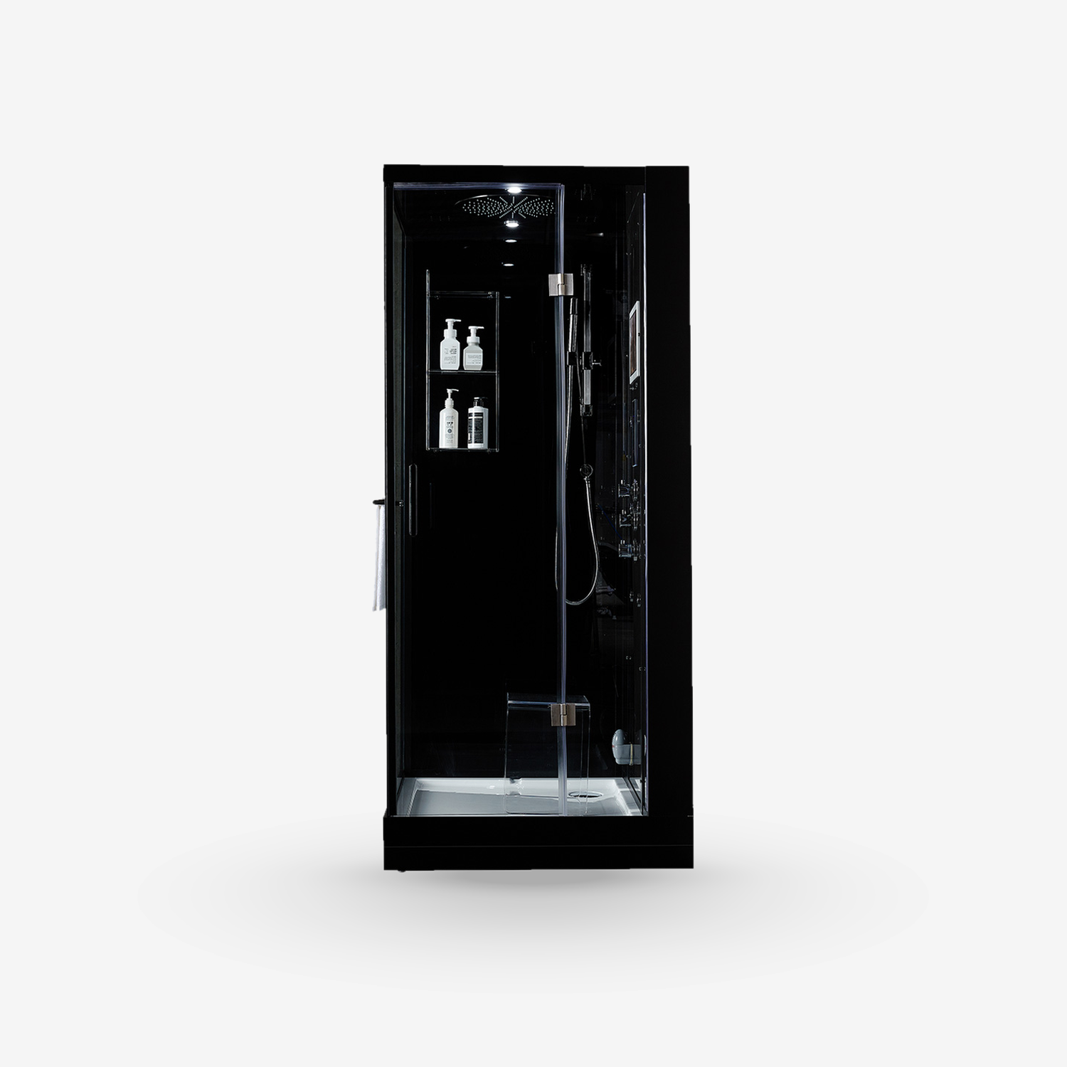 A modern black freestanding steam shower cabin with a glass door, interior shower head, handheld shower, shelving with bottles, and a white base tray, shown on a light gray background.