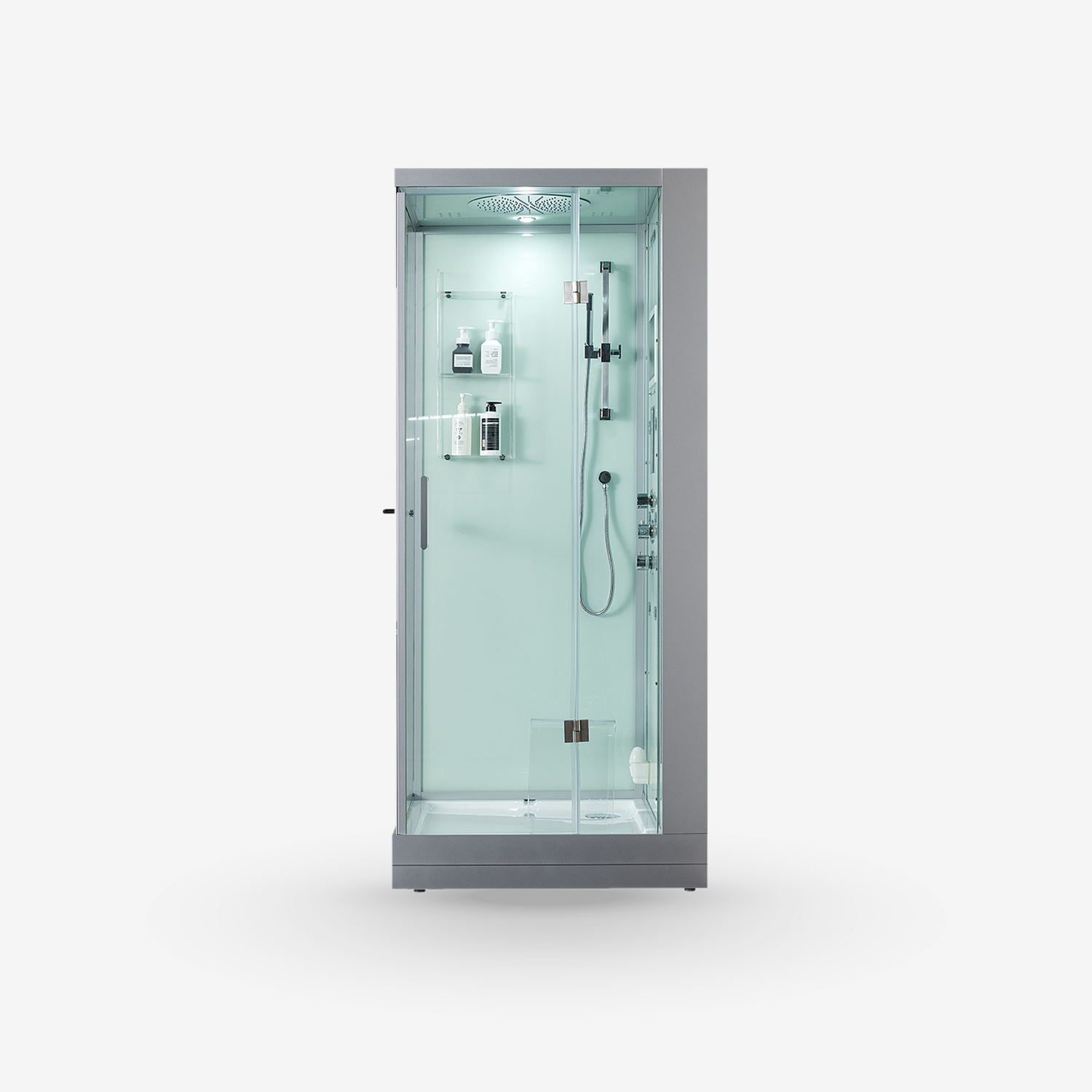 A modern walk-in shower enclosure with a gray metal frame, clear glass panels, and an integrated light green-tinted interior wall, shown on a plain light gray background.