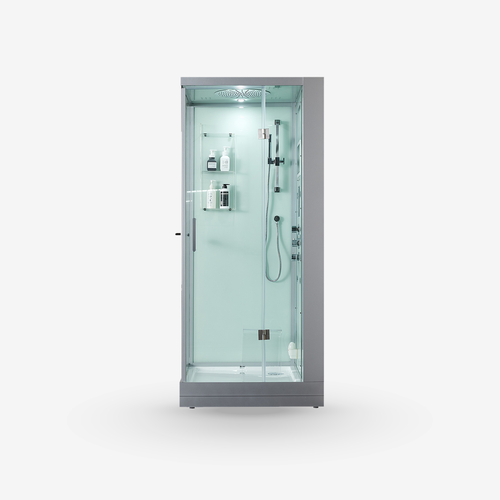 A modern walk-in shower enclosure with a gray metal frame, clear glass panels, and an integrated light green-tinted interior wall, shown on a plain light gray background.
