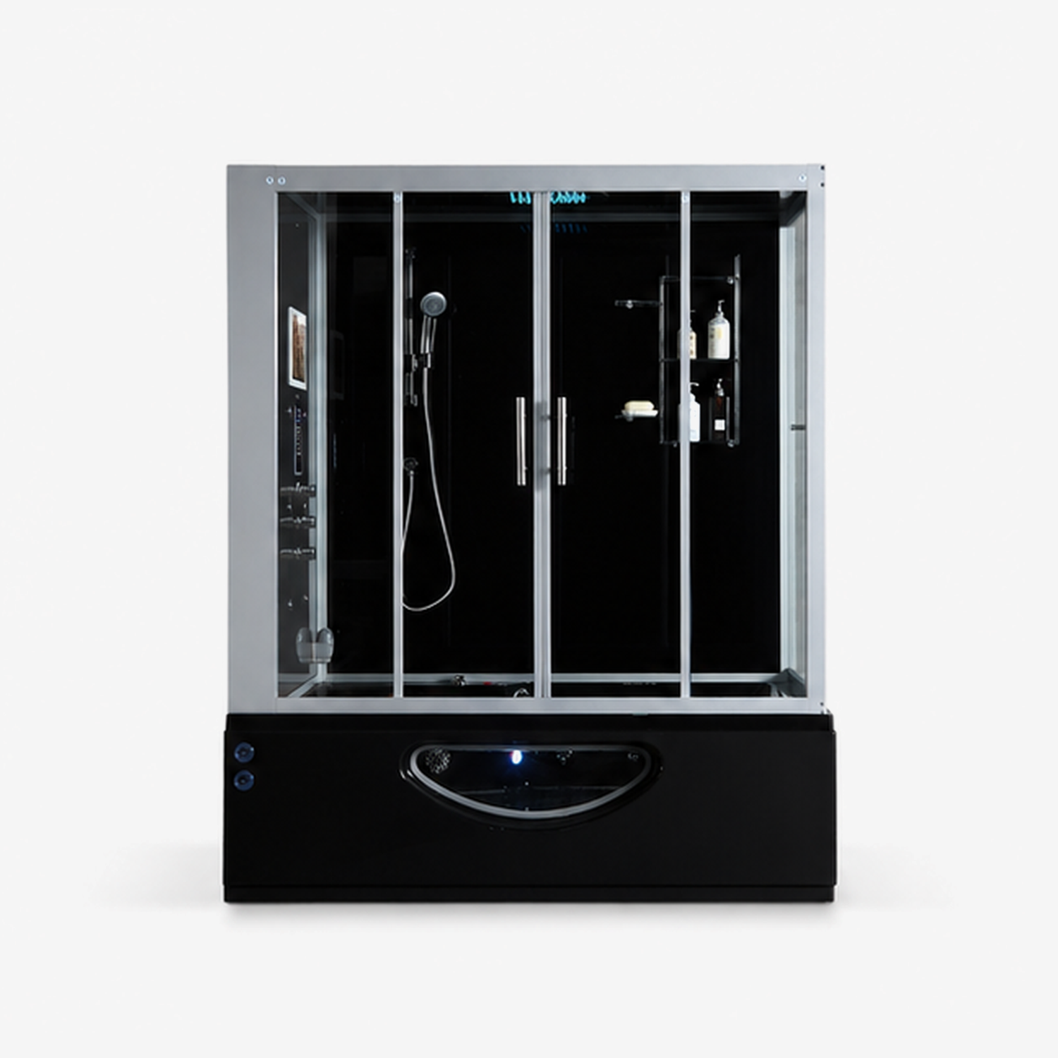 A modern freestanding indoor shower cabin with a black base, silver frame, and dark interior, shown on a clean light gray studio background.