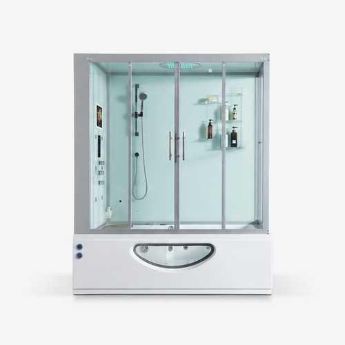 A modern walk-in shower enclosure with a white bathtub base, glass sliding doors, and a light aqua interior, shown on a plain light gray background.