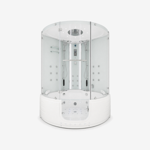 A modern corner shower cabin with a white base, clear acrylic side walls, and a central rain showerhead with multiple jets, shown on a light gray background.