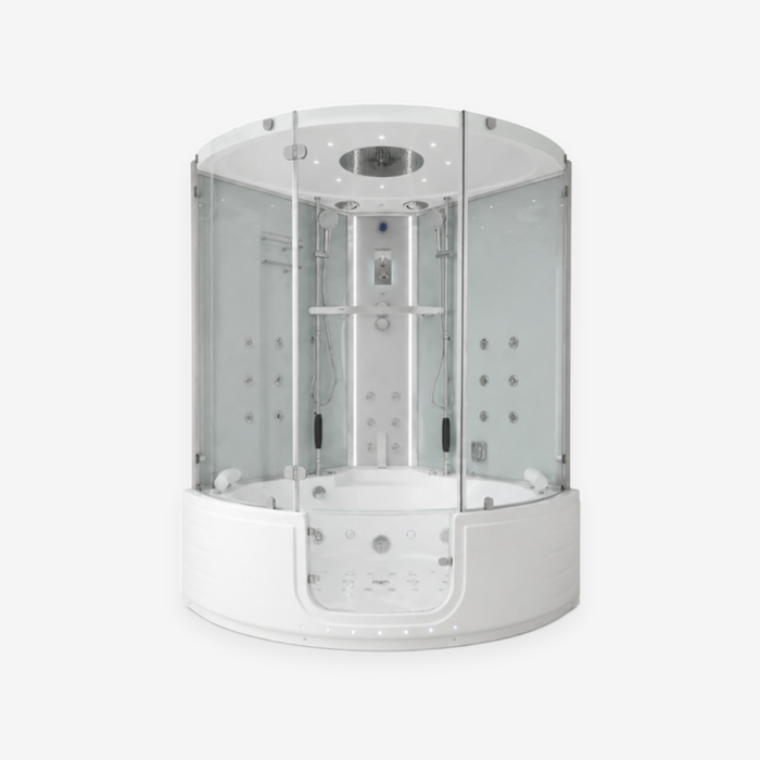A modern curved freestanding rain shower cabin with a white base, clear glass walls, and an integrated control panel, shown on a light gray background.