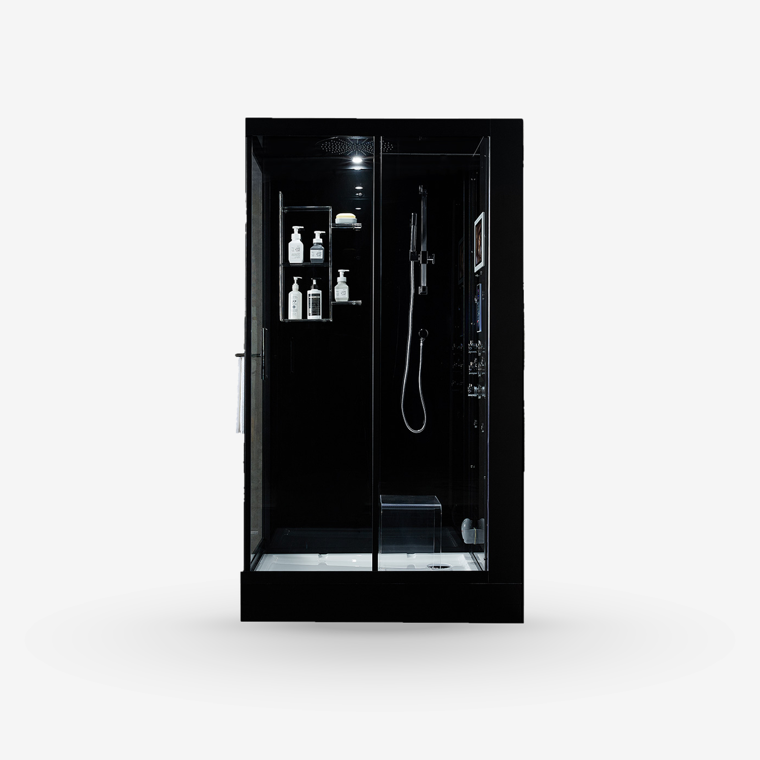 A black freestanding walk-in shower cabin with glass doors, interior shelving, handheld shower, and control panel, shown on a light gray studio background.