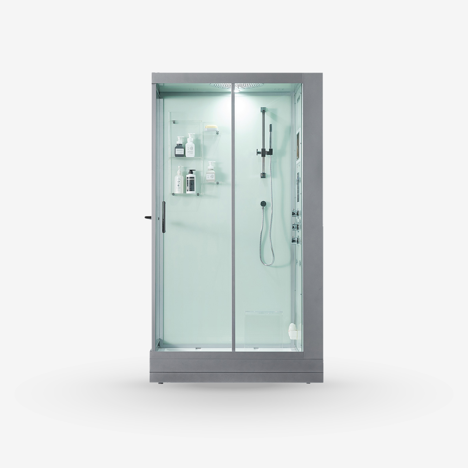 A modern walk-in shower enclosure with frosted glass doors and a gray metal frame, featuring an integrated shower system and shelving inside, shown on a light gray background.