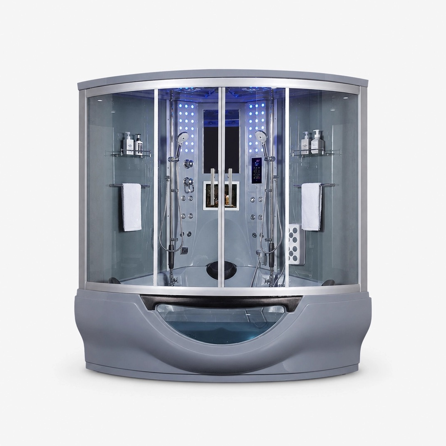 A modern curved corner shower cabin with a gray base, clear glass walls, and built-in blue LED lighting, shown on a plain light gray background.
