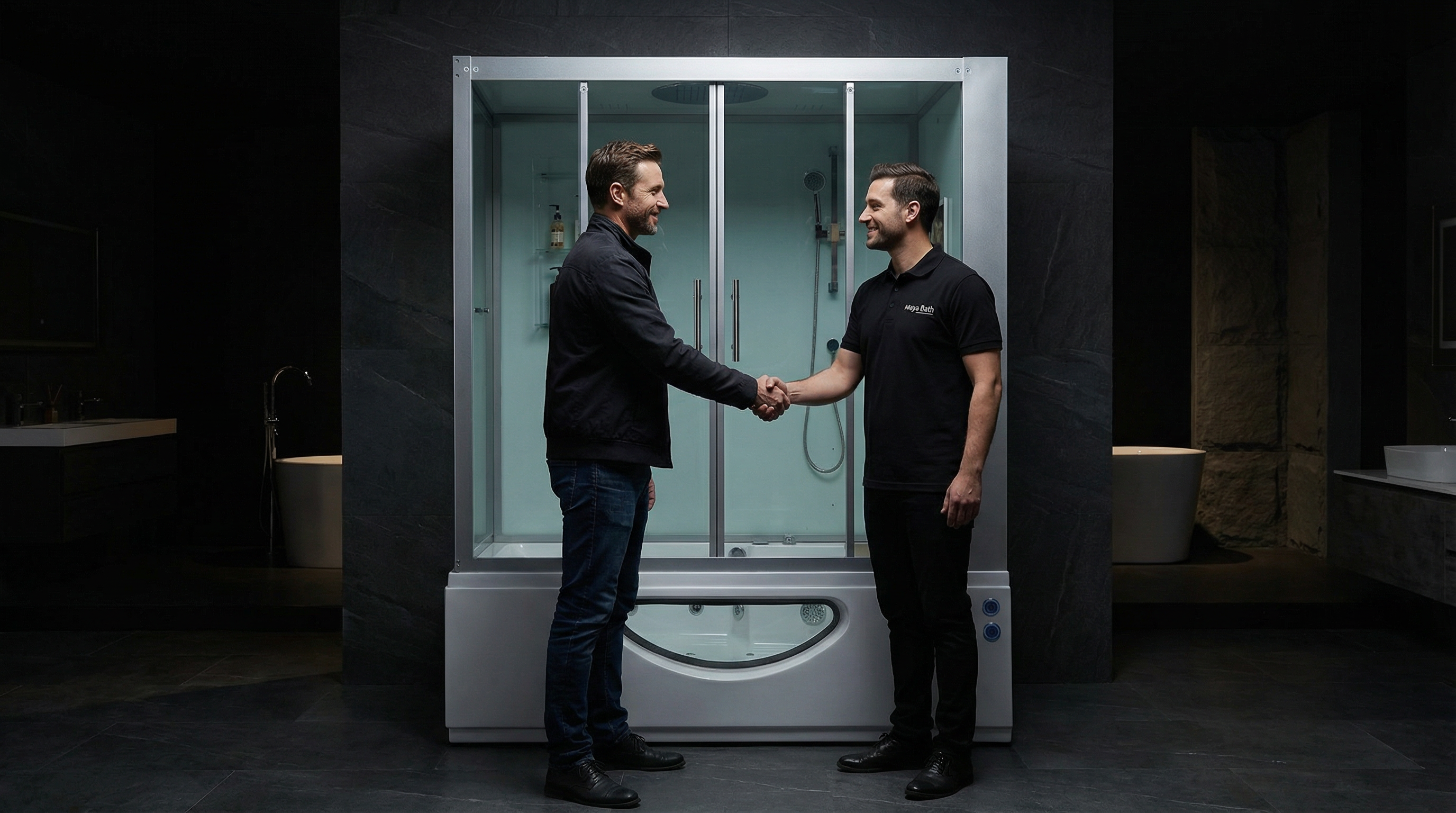 Two men shaking hands in front of a shower enclosure in a bathroom setting.