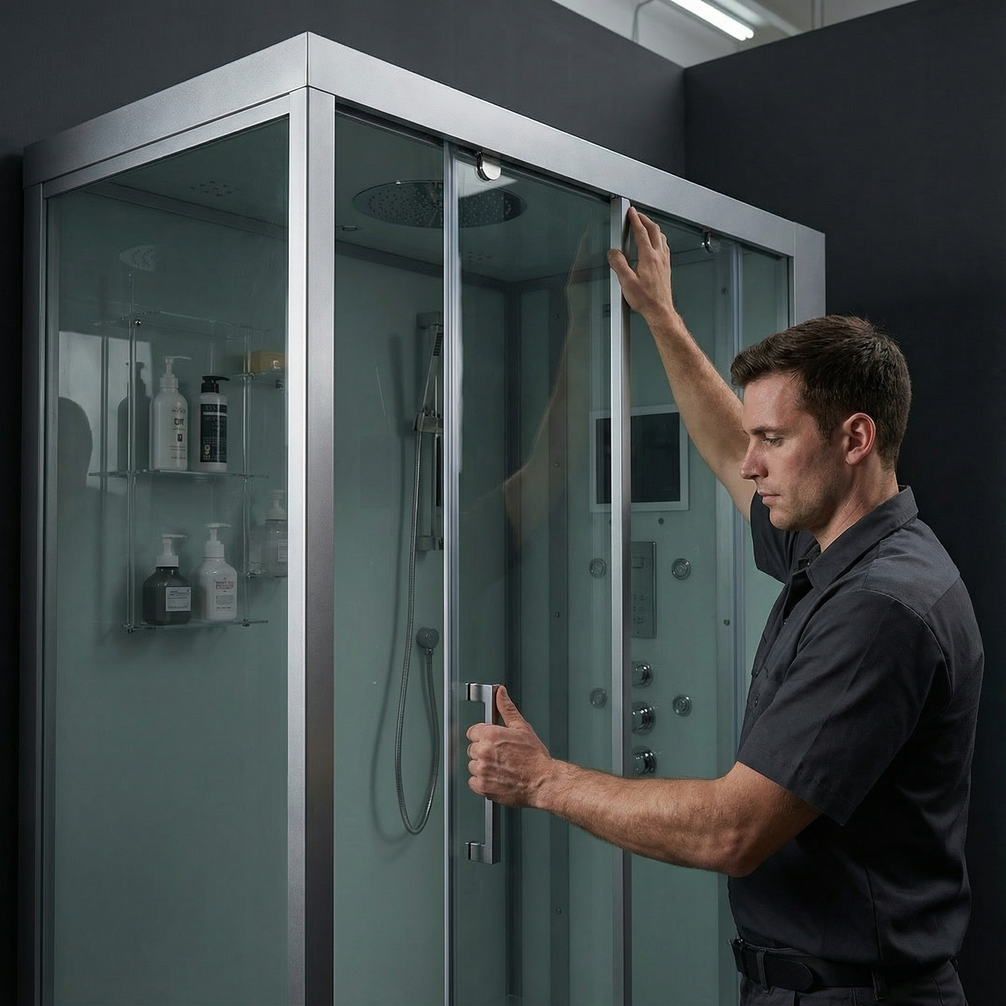 Man adjusting a shower enclosure in a modern bathroom setting