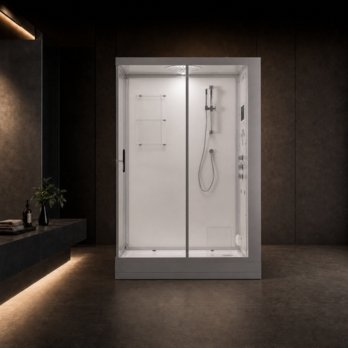 A modern white freestanding shower cabin with glass doors and built-in shower fixtures, shown in a dark, minimalist bathroom setting.