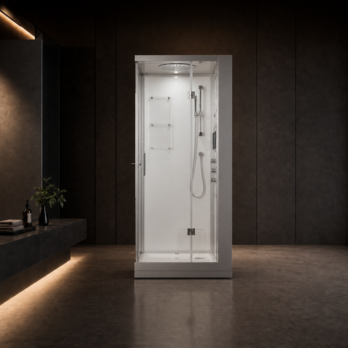 A modern freestanding walk-in shower enclosure with a white interior and clear glass door, shown in a dark, minimalist bathroom setting with warm under-counter lighting.